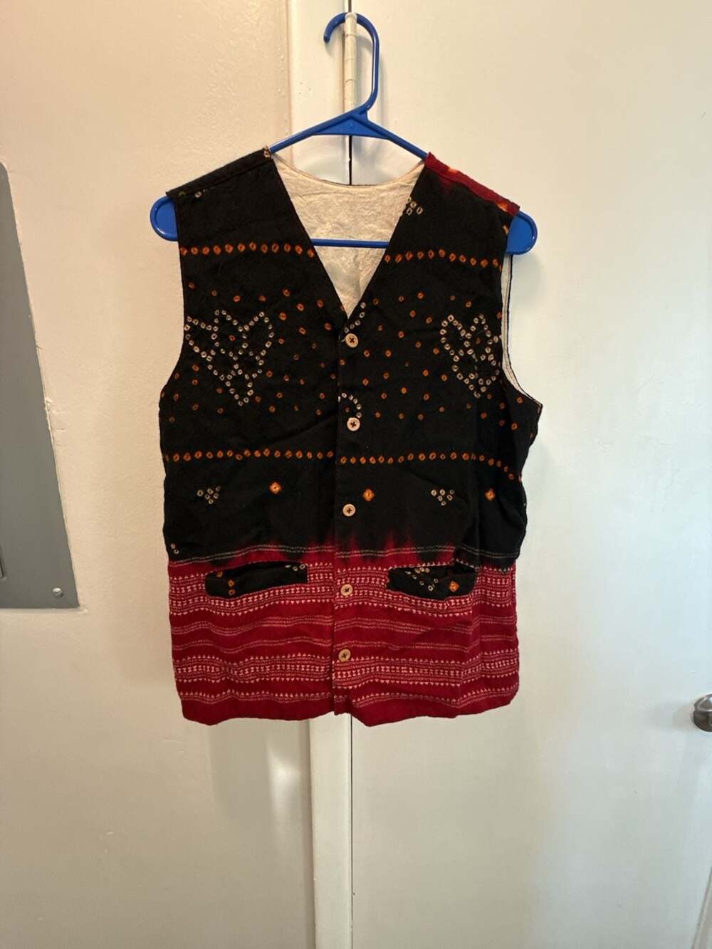 Vintage Handwoven Kutch Bandhani Embroidered Vest Black Red